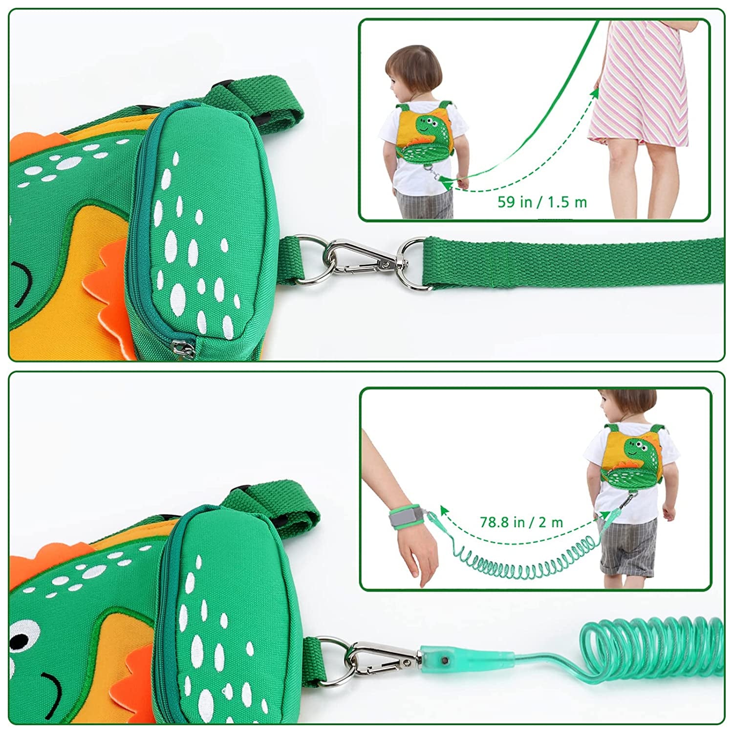 Toddler Harness Leash with anti Lost Wrist Link, Cute Dinosaur Kids Harnesses with Wristband Bracelet Leashes Strap Tether for Baby Boys Walking (Yellow)
