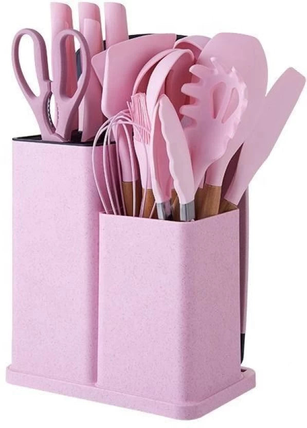 Kitchenware Silicone Kitchenware Kit 19 Pieces Knife & Spoon Set With Storage Rack - Pink Silicone Cutting Board Kitchen Tool Set  (Pack of 19)